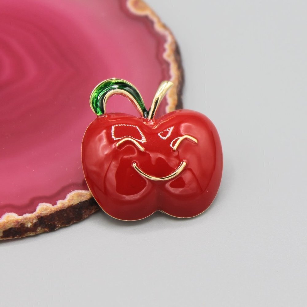 Jewelry pin brooch apple fruit red yellow gold teacher school happy smile new